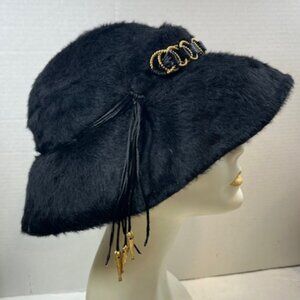 VTG Handmade Black Felt Fur Aileen's Atlanta Bucket Hat Gold Tone Accents